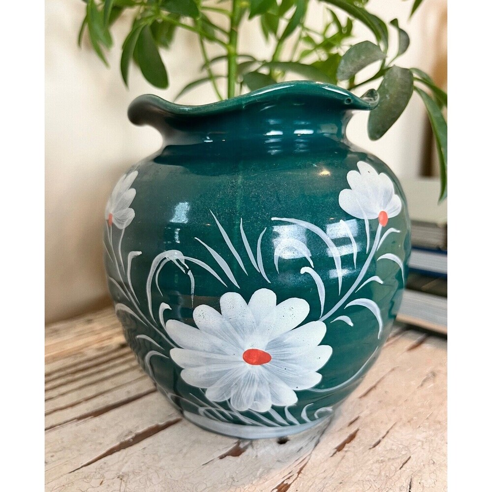 Vintage Retro Green Hand Painted Vase With Flowers 6"